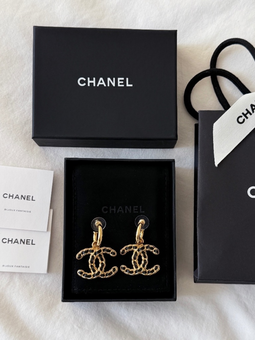 Chanel CC Logo Black Lambskin Leather Chain Dangle Stud Earrings